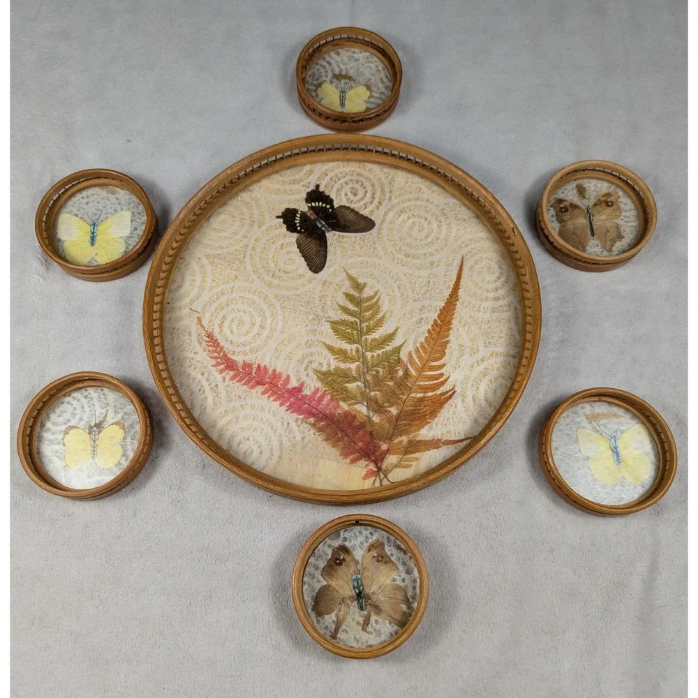 Vintage Bamboo Butterfly Serving Tray And Coasters